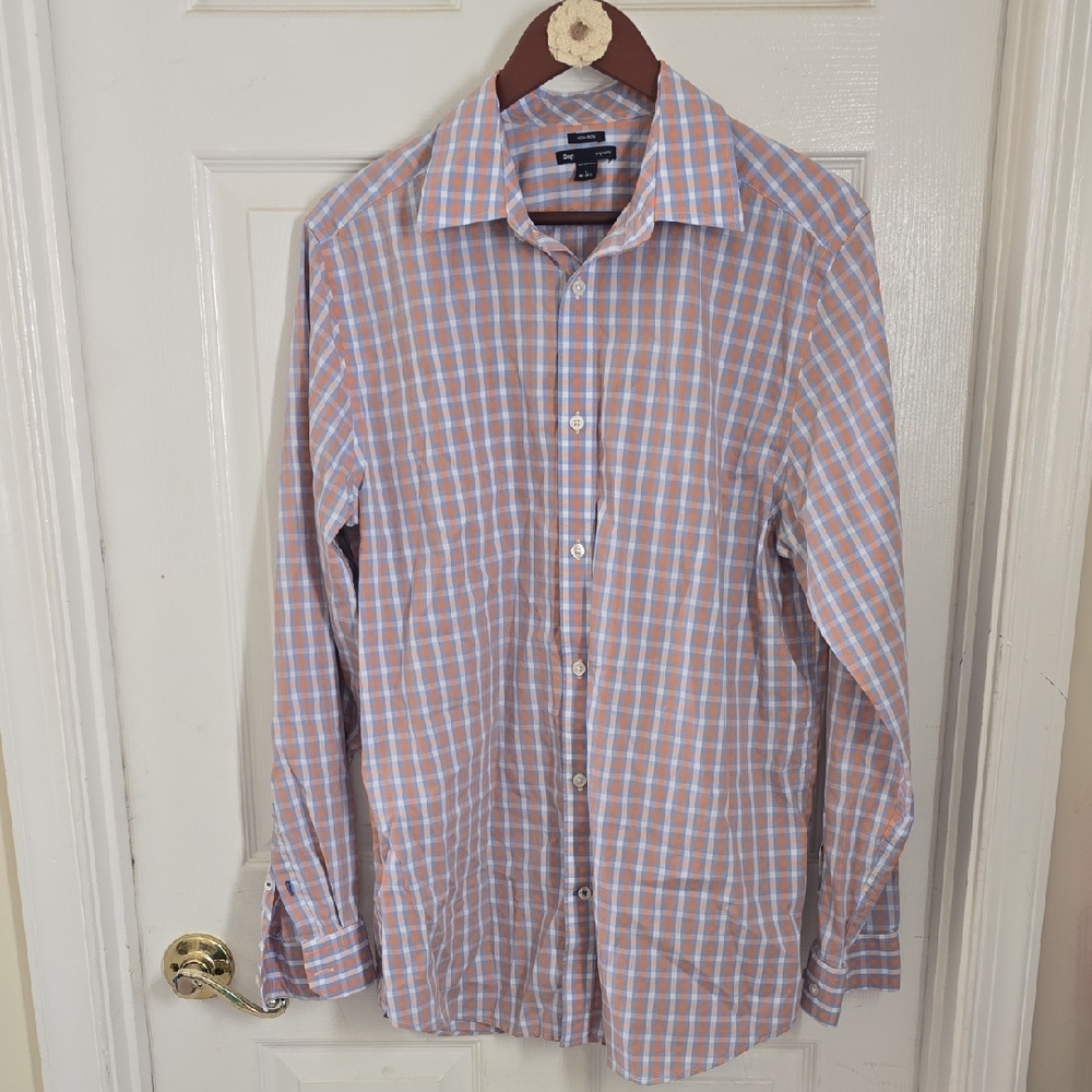 GAP Men's Casual Checkered Shirt - Light Blue, Orange, & White- Size Large